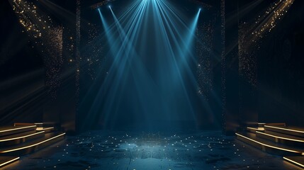 Dark blue stage with golden spotlight lines and glitter texture for award ceremony design. Realistic 3d abstract premium elegant glamour background template for anniversary or winner rewarding.
