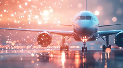 Fototapeta premium White airplane poised for takeoff on runway, journey of flight and adventure white
