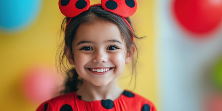 A little girl wearing a red and black dress with a red headband is smiling. She looks happy and content