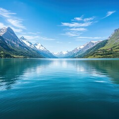 Naklejka premium A breathtaking mountain lake scene with clear blue water, surrounded by majestic peaks and a bright sky, reflecting tranquility and natural beauty.