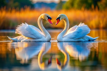 Fototapeta premium Mute Swan Couple Forming Heart Shape, Rockport, Massachusetts - Romantic Wildlife Photography