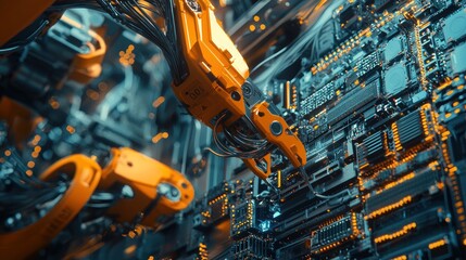 Fototapeta premium Futuristic Robotic Arm Assembling Circuit Board