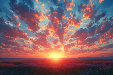 Obraz premium Vibrant sunset over a field of wildflowers.