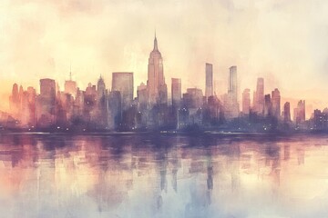 Fototapeta premium A tranquil urban skyline at dusk featuring soft reflections on water. The scene captures the essence of city life with a dreamy artistic touch, evoking peace.