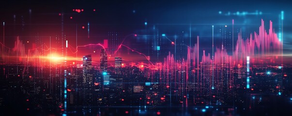 Obraz premium Double exposure of cityscape at night, digital finance concept, glowing charts, financial data, futuristic skyline, neon lights, global economy visualization