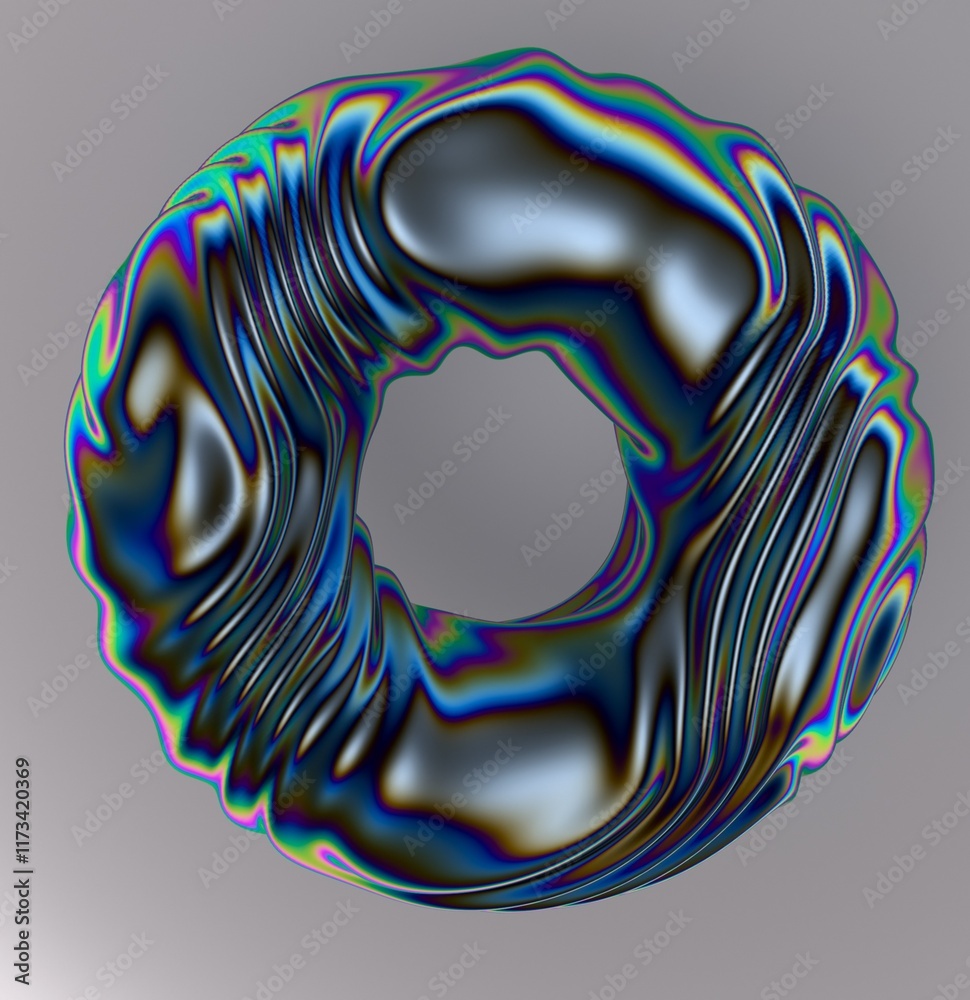 Poster Abstract futuristic 3D illustration of a glitched torus in holographic iridescent colors made and chrome plated material. An image on the theme of biotechnology and physics.