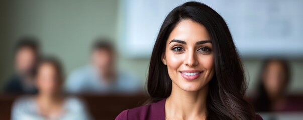 A confident woman smiles while seated in a classroom, with students engaged in the background, highlighting a positive learning environment.
