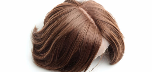 Fototapeta premium Realistic brown layered hair wig presented on a white background, ideal for styling.