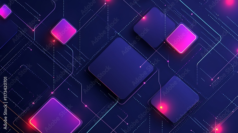 Wall mural abstract digital network design with neon squares