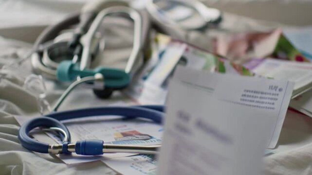 stethoscope, gloves, and pamphlets symbolizing medical awareness for leprosy or healthcare tools for leprosy education and prevention or medical items promoting leprosy awareness and care
