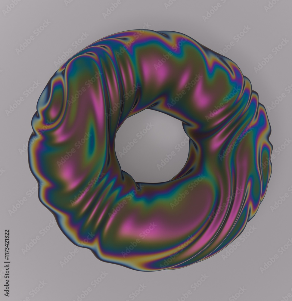 Poster Abstract futuristic 3D illustration of a glitched torus in holographic iridescent colors made and chrome plated material. An image on the theme of biotechnology and physics.