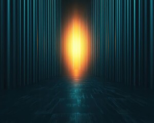 Machine learning process visualized as layers of glowing data streams, AI learning, big data processing