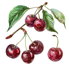 Cherry set isolated on white background, vintage watercolor old botanical illustration