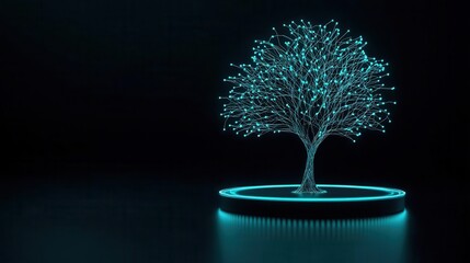Digital tree with data streams as branches, representing AI learning and insights, big data, neural network growth