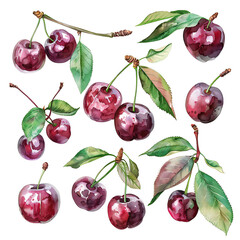 Cherry set isolated on white background, vintage watercolor old botanical illustration