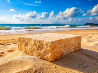 Natural Beige Stone Podium on Sandy Beach Background for Cosmetic Product Display