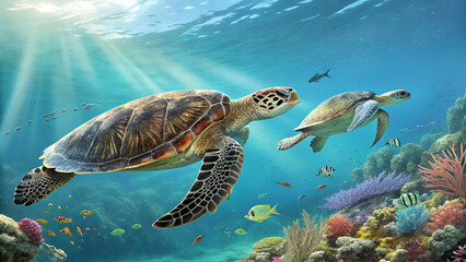 Fototapeta premium Graceful Sea Turtles Swimming in Vibrant Coral Reef Underwater