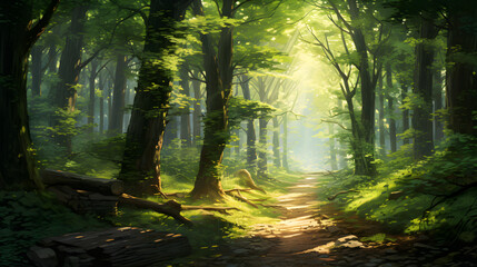 Obraz premium Sun-kissed Forest Path: A Lyrical Portrayal of Nature's Tranquility and Timelessness