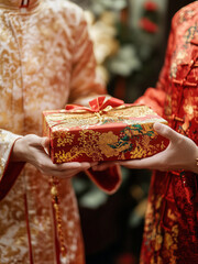 Traditional Chinese New Year Gift Exchange Scene, Chinese New Year Gift Exchange, Giving a Gift in Chinese New Year, Traditional Chinese Outfit, lovely chinese couple