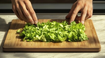 Chopping Fresh Green Lettuce on a Wooden Board