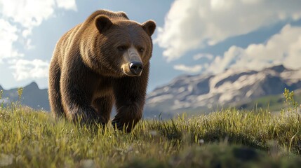 Majestic Grizzly Bear in Mountain Meadow