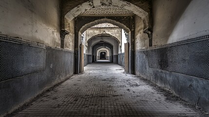 Fototapeta premium Mysterious Abandoned Corridor Archway Ancient Building Ruin