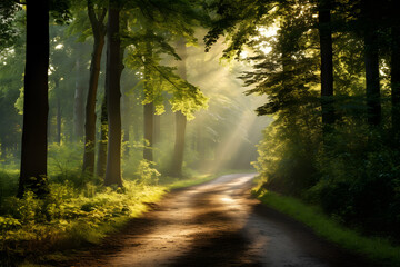 Fototapeta premium Sun-kissed Forest Path: A Lyrical Portrayal of Nature's Tranquility and Timelessness