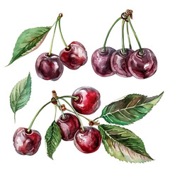 Cherry set isolated on white background, vintage watercolor old botanical illustration