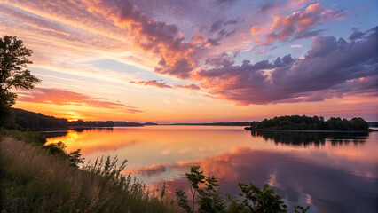 Serene Sunset Over Tranquil Lake Surrounded by Lush Greenery