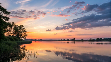 Tranquil Evening Sunset Over Calm Lake With Colorful Sky Reflections