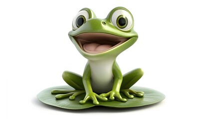 Happy green cartoon frog sitting on a leaf, open mouth, white background.