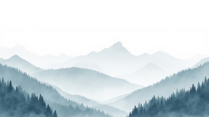 Serene Foggy Mountains with Pine Forest in Soft Morning Light