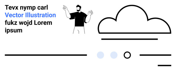 Figure with raised arms, stylized cloud, horizontal lines, text elements. Ideal for web design, illustrative purposes, digital content, modern aesthetic, simplicity, user interface visuals, landing