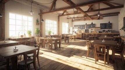 Sunlit rustic cafe interior with wooden tables and chairs.