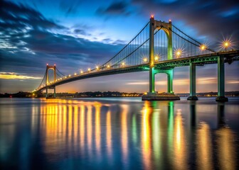 Fototapeta premium Newport Pell Bridge Night Photography: Jamestown Rhode Island Coastal Landmark at Dusk