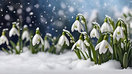 Snowdrops Blooming Amid Snowfall – A Spring Floral Banner for Greeting Cards Celebrating the Day of Snowdrop and Seasonal Beauty
