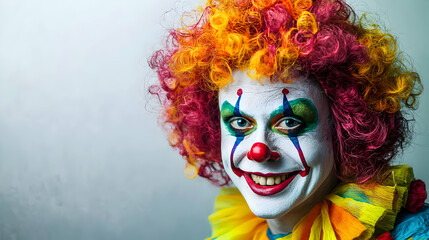 A vibrant clown character with a curly wig and painted face against a clear background.