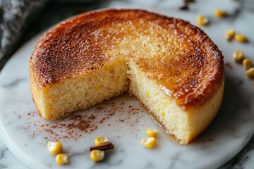 Sliced corn cake on marble, cinnamon, kernels, dark background