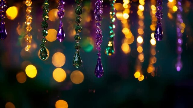 Mardi gras beads and decorations with purple and green lights bokeh effect. Holiday celebration content