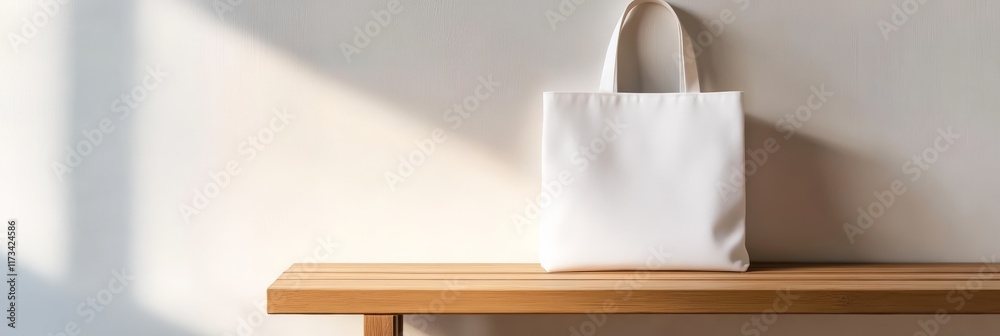 Poster white tote bag mockup placed on a wooden table against a white wall with sunlight shadow creating a 