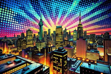 Obraz premium Night City Pop Art: Vibrant Comic Book Style Halftone Dots and Bold Lines