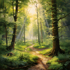 Fototapeta premium Sun-kissed Forest Path: A Lyrical Portrayal of Nature's Tranquility and Timelessness