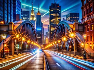 Obraz premium Night City Street Scene with Sleek Bridge, Urban Lights, Busy Street, Cityscape