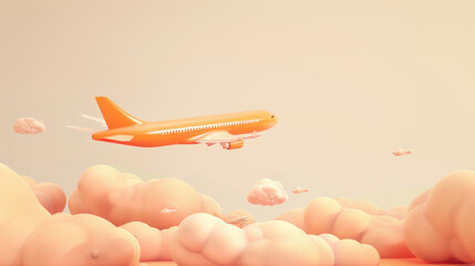 orange airplane flying through geometric clouds on peach background