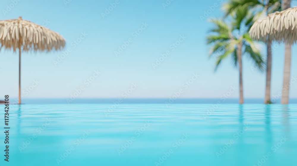 Poster crystal clear turquoise water of an infinity pool merging with a calm ocean creates a serene, luxuri