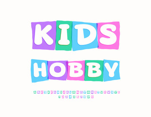 Vector creative banner Kids Hobby. White Font in Colorful Blocks. Funny Children  Alphabet Letters and Numbers set.