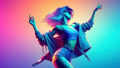 Obraz premium Portrait of a woman, dramatic lighting, vibrant gradient background, pink and green hues, arms raised, choker necklace, white shirt, intense gaze, fierce expression, high fashion, studio photography, 