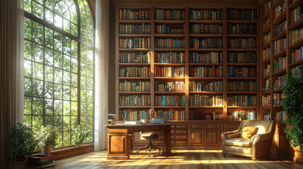 Sunlit home library with desk, chair by window, forest view