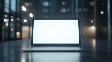 A laptop with a white screen, featuring digital marketing network connection icons around it, illustrating social media, business tech, and digital transformation management.