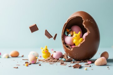 Chocolate egg with colorful candies and toy chicks on blue background
